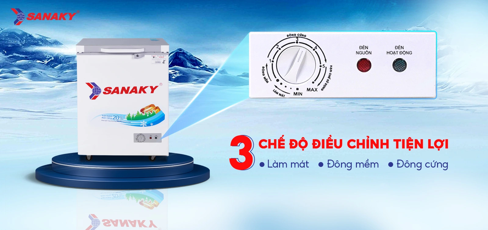Bảng điều chỉnh 3 chế độ Mát - Đồng mềm - Đông cứng tiện lợi Bảng điều chỉnh 3 chế độ Mát - Đồng mềm - Đông cứng tiện lợi