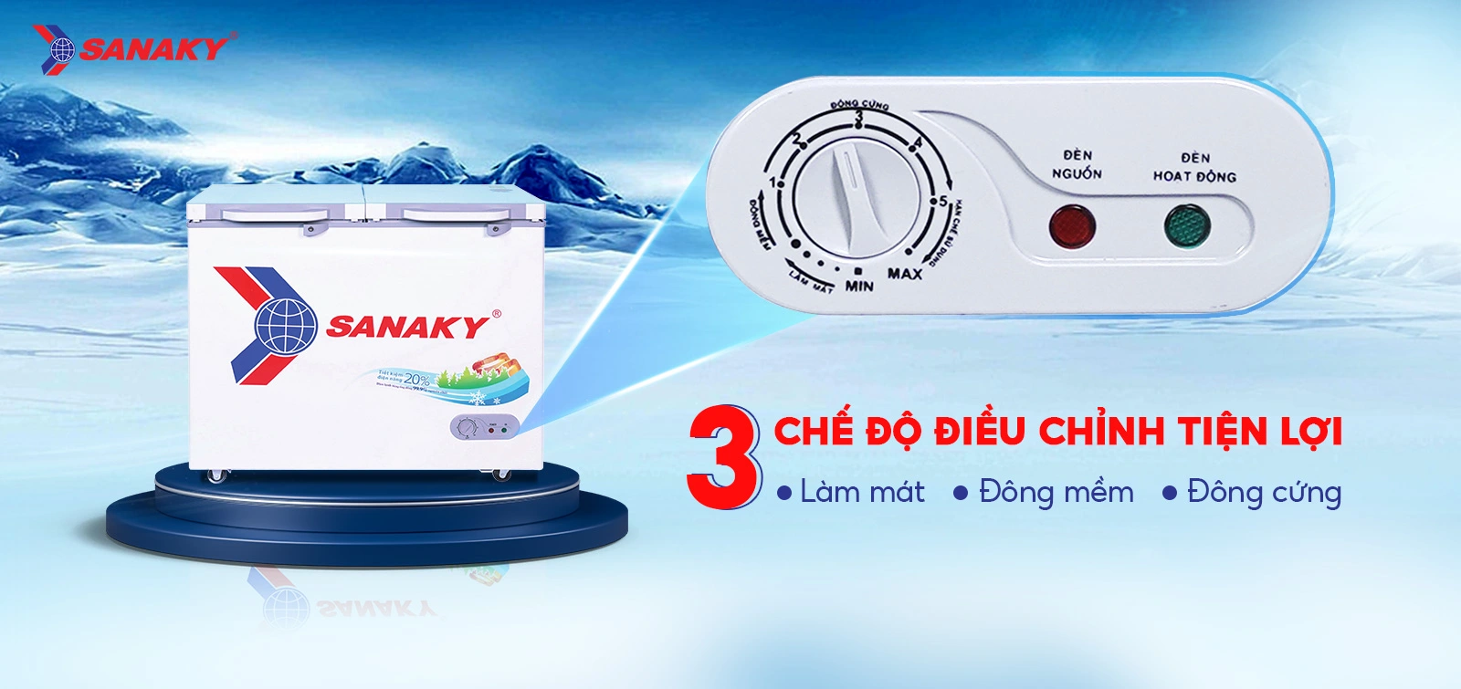 Bảng điều chỉnh 3 chế độ Mát - Đồng mềm - Đông cứng tiện lợi Bảng điều chỉnh 3 chế độ Mát - Đồng mềm - Đông cứng tiện lợi