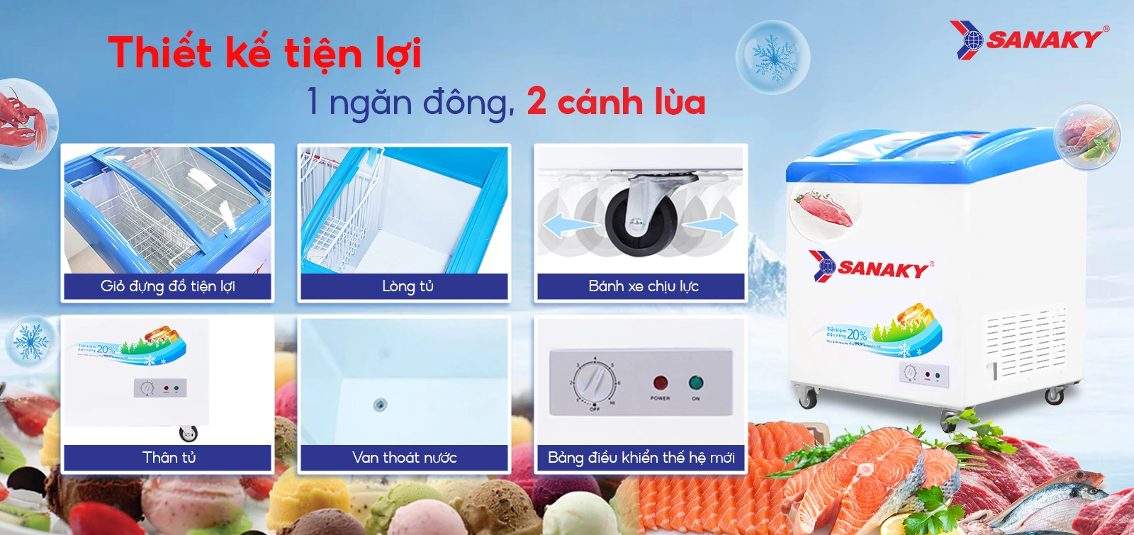 Thiết kế tiện lợi 1 ngăn đông 2 cánh lùa