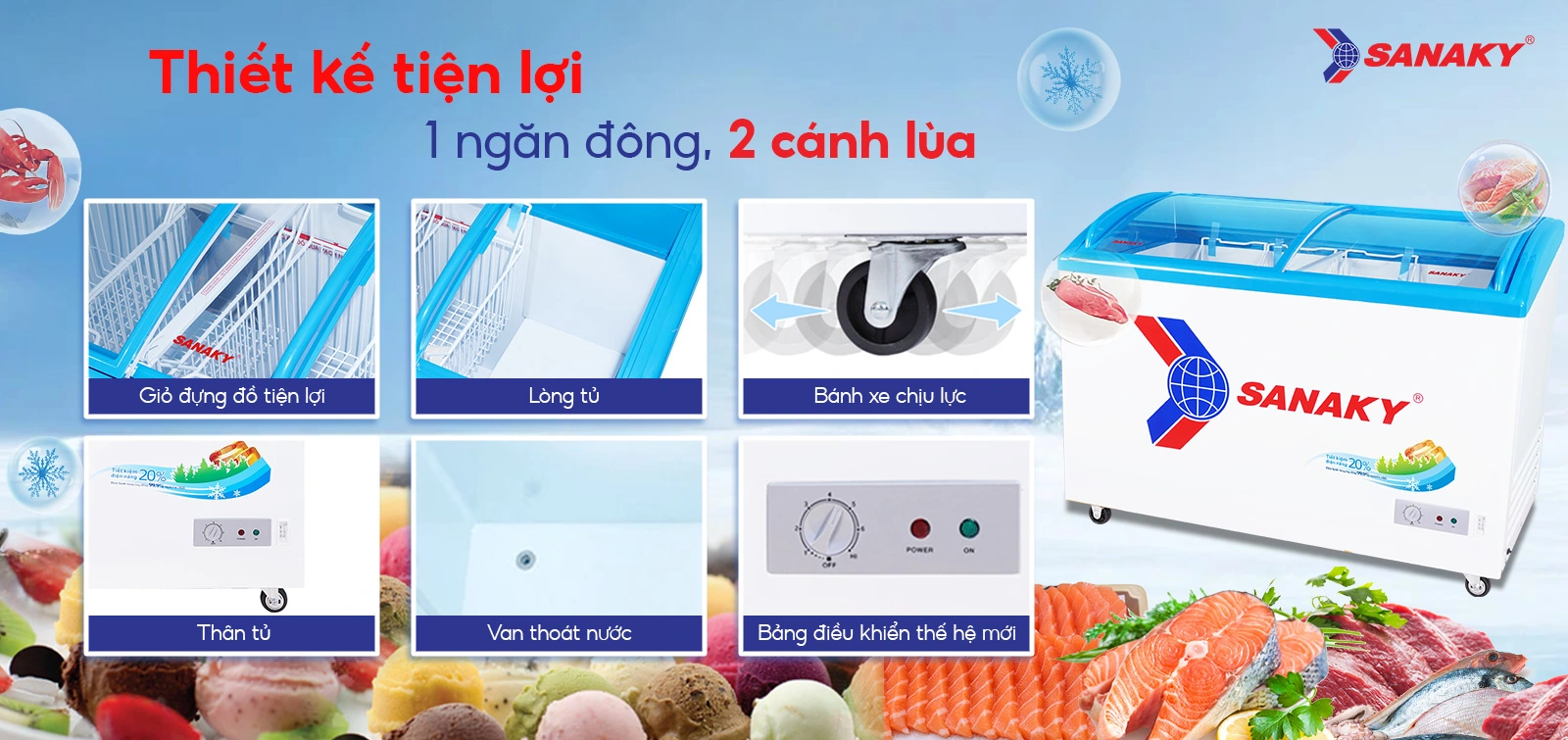 Thiết kế tiện lợi 1 ngăn đông 2 cánh lùa