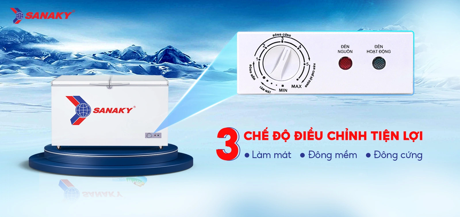 Bảng điều chỉnh 3 chế độ Mát - Đồng mềm - Đông cứng tiện lợi Bảng điều chỉnh 3 chế độ Mát - Đồng mềm - Đông cứng tiện lợi