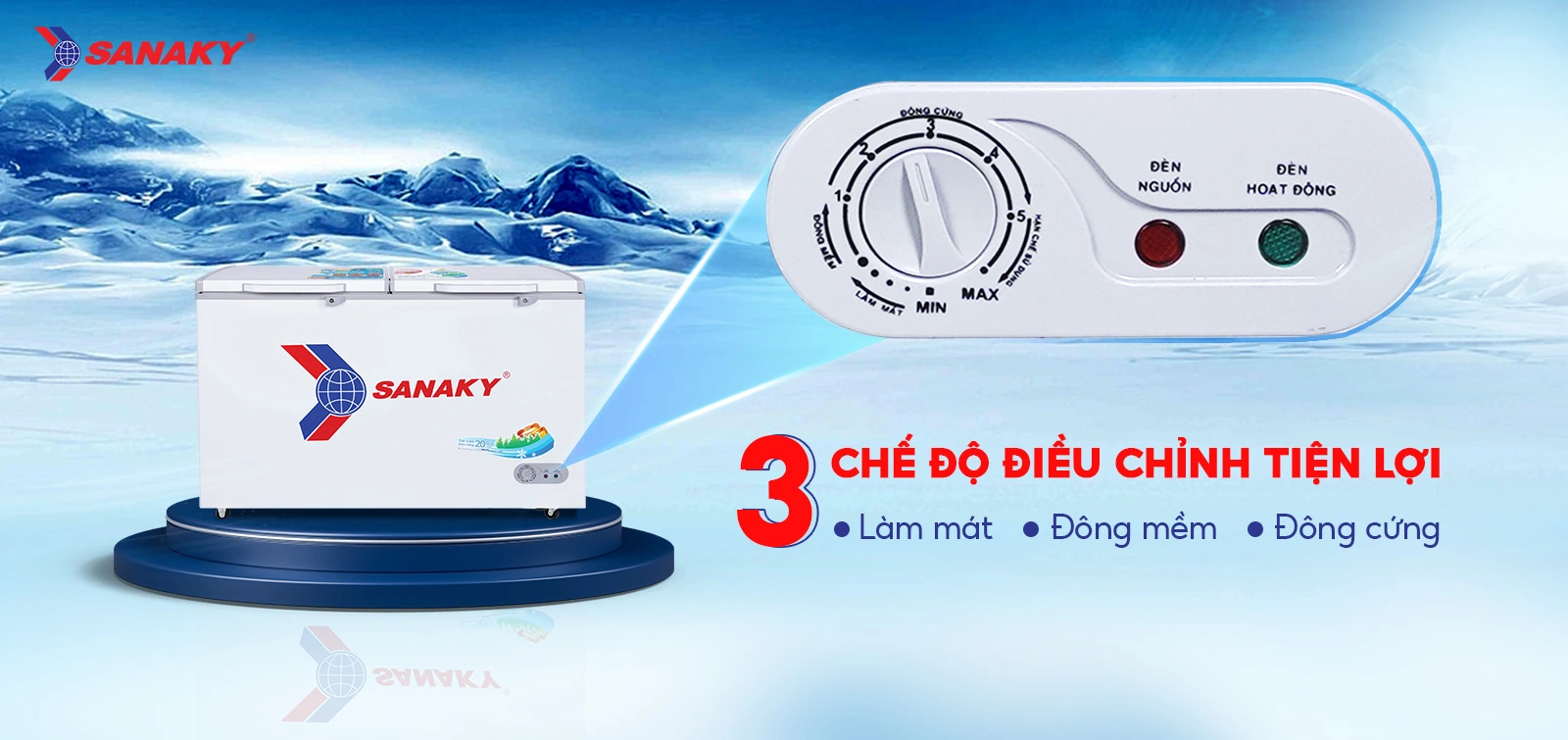 Bảng điều chỉnh 3 chế độ Mát - Đồng mềm - Đông cứng tiện lợi Bảng điều chỉnh 3 chế độ Mát - Đồng mềm - Đông cứng tiện lợi