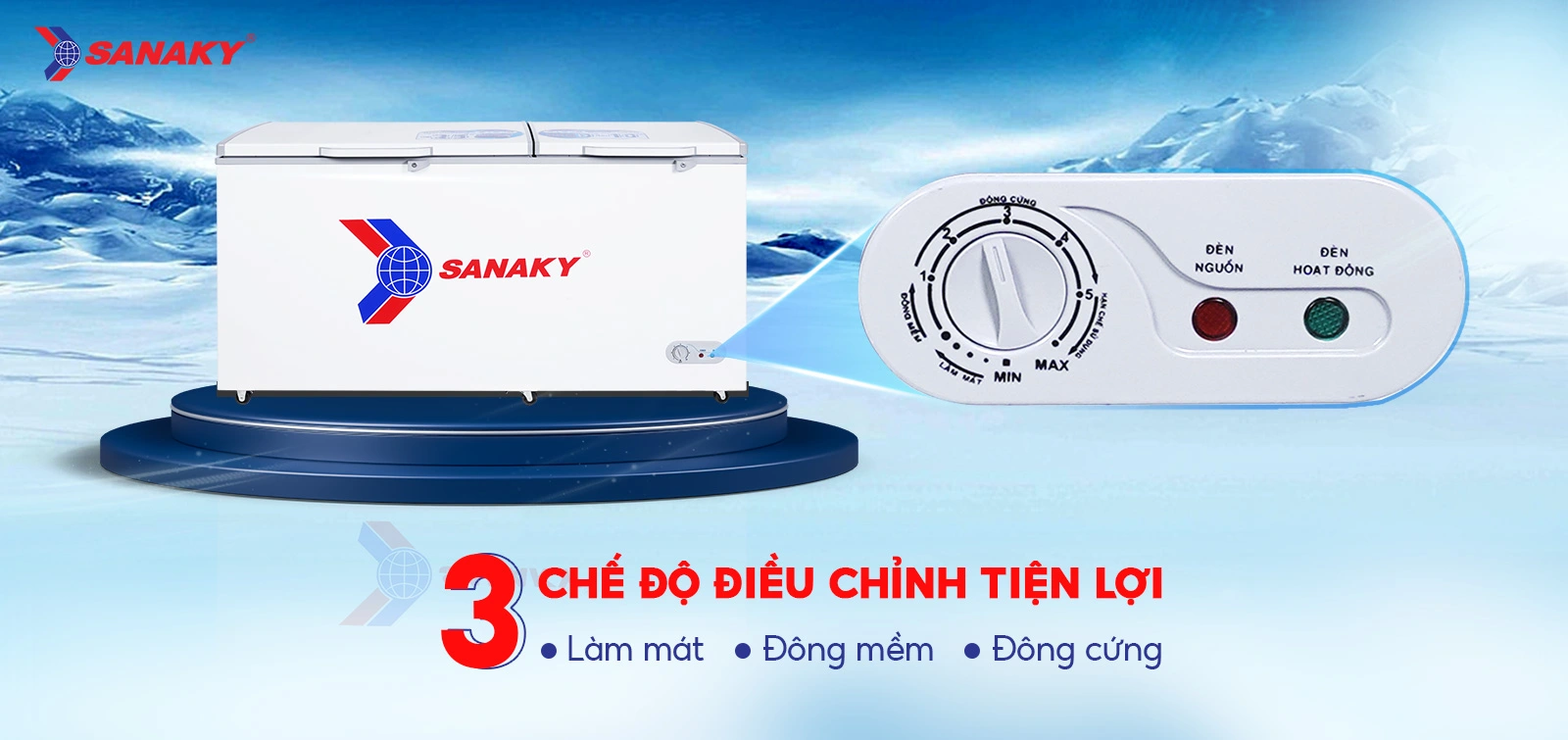 Bảng điều chỉnh 3 chế độ Mát - Đồng mềm - Đông cứng tiện lợi Bảng điều chỉnh 3 chế độ Mát - Đồng mềm - Đông cứng tiện lợi