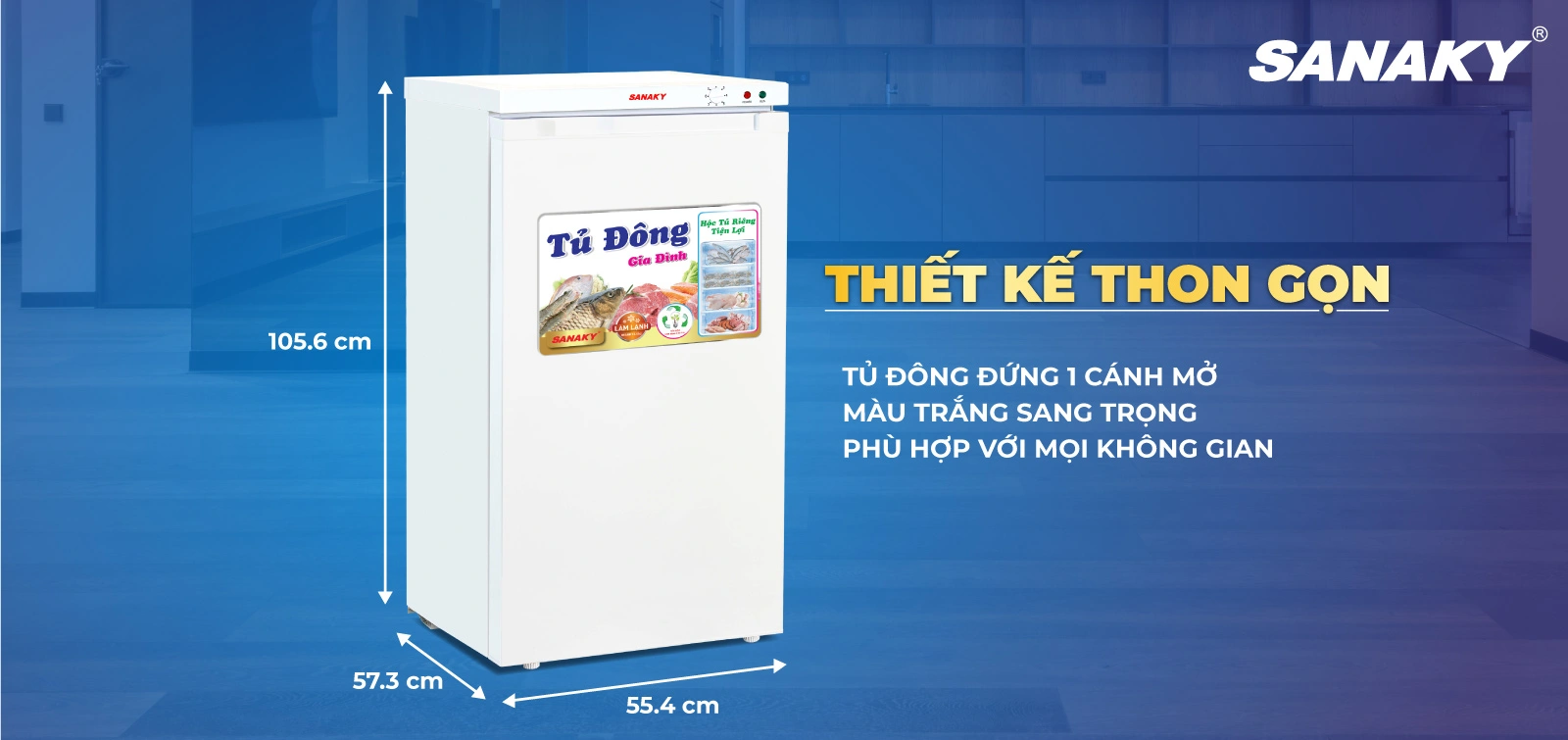 Tủ đông Sanaky VH-160VD được thiết kế 1 ngăn đông dạng đứng với 1 cánh mở