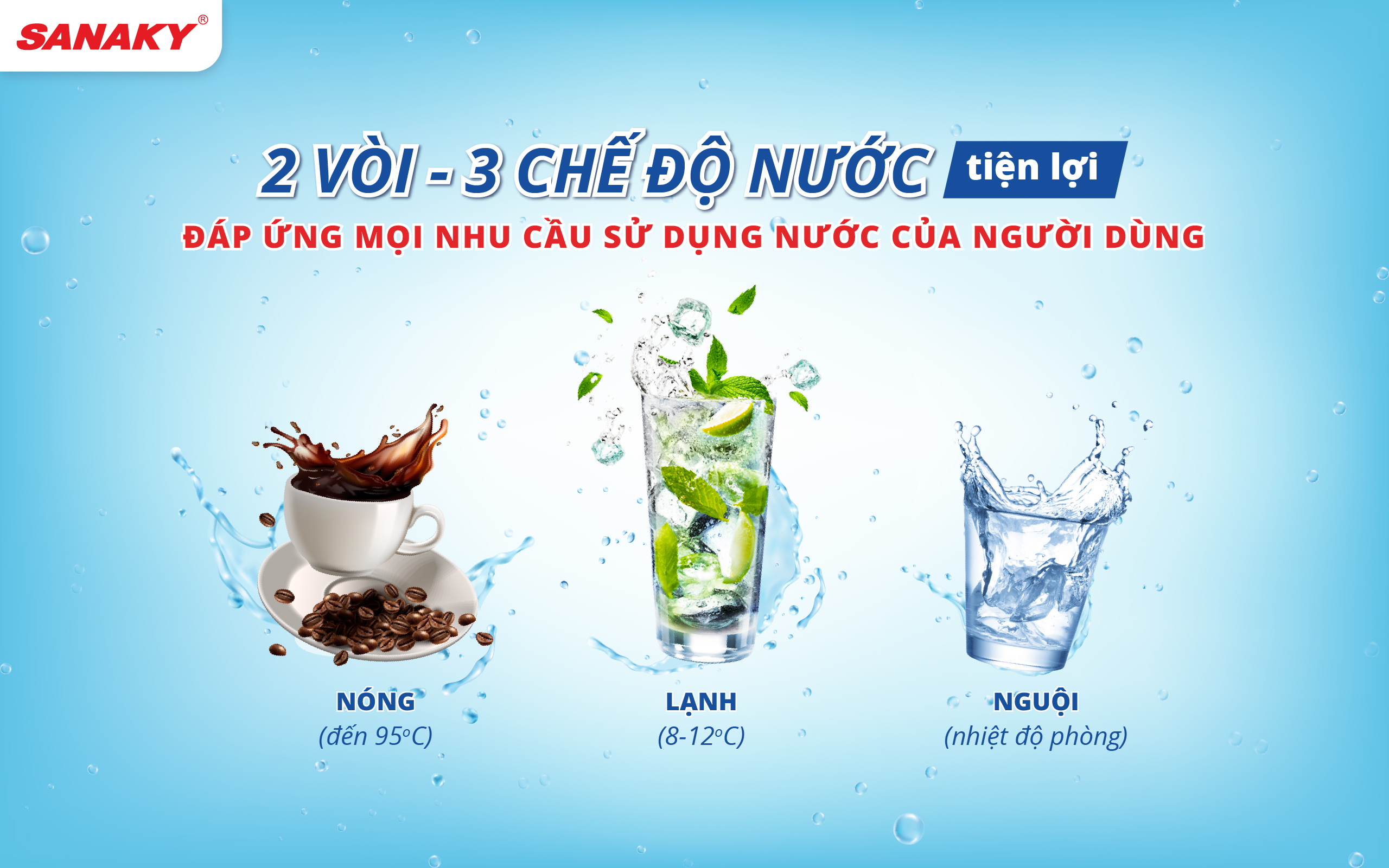 2 vòi – 3 chế độ nước Nóng – Lạnh – Nguội tiện lợi 2 vòi – 3 chế độ nước Nóng – Lạnh – Nguội tiện lợi