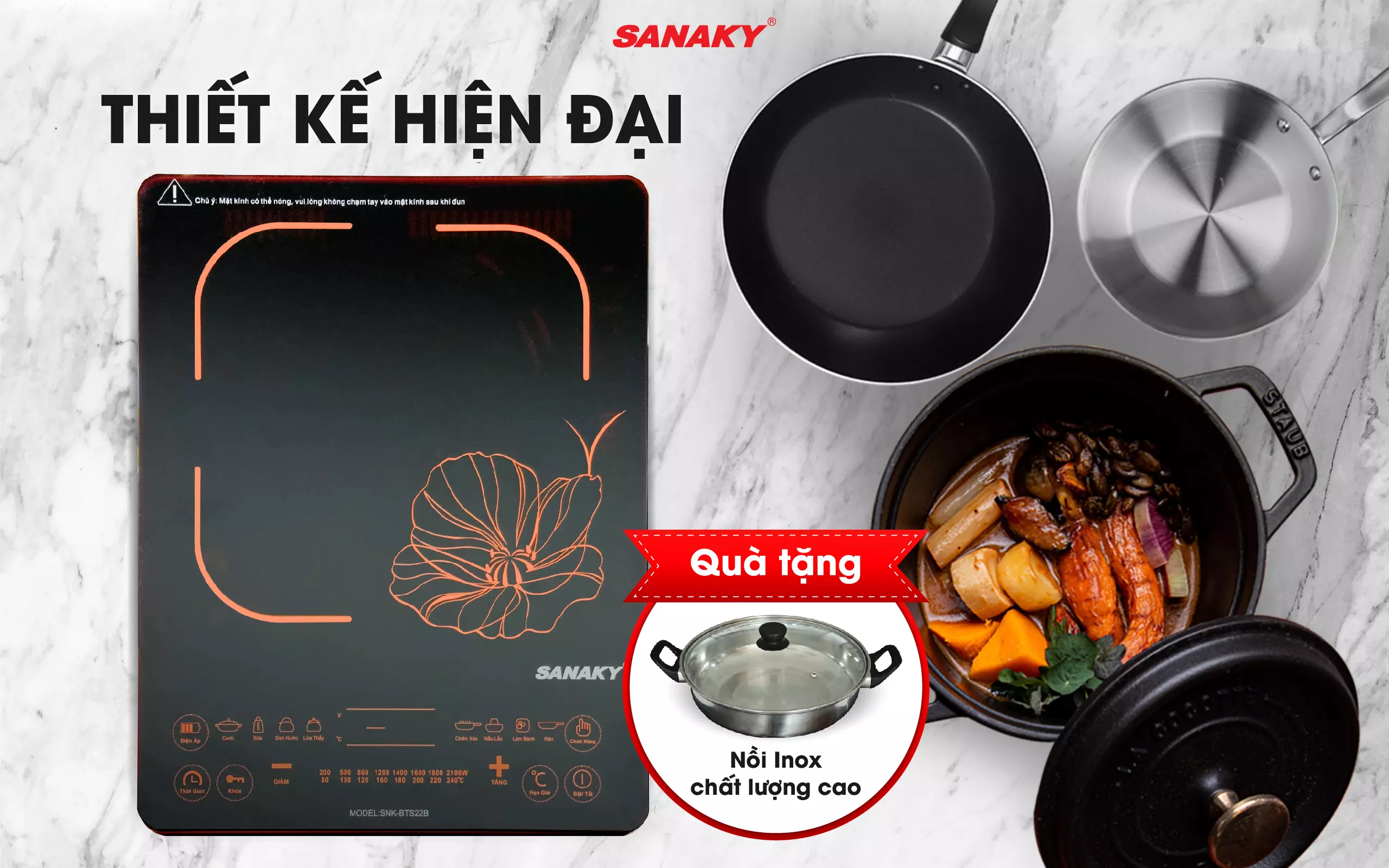 Mặt bếp từ Sanaky SNK-BTS22B thiết kế nhám sang trọng Mặt bếp từ Sanaky SNK-BTS22B thiết kế nhám sang trọng