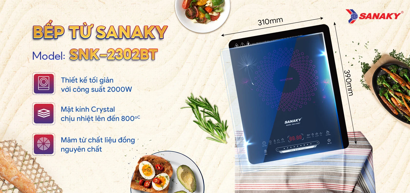Thiết kế Bếp từ đơn Sanaky SNK-2302BT nhỏ gọn thanh lịch Thiết kế Bếp từ đơn Sanaky SNK-2302BT nhỏ gọn thanh lịch