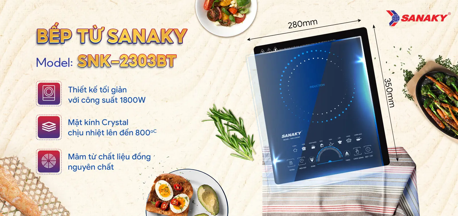 Thiết kế Bếp từ đơn Sanaky SNK-2303BT nhỏ gọn thanh lịch